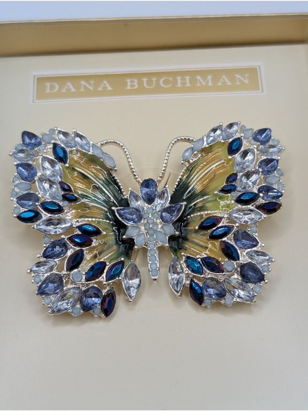 Dana Buchman Silvertone Rhinestone Butterfly Brooch Purple Blue Costume Jewelry